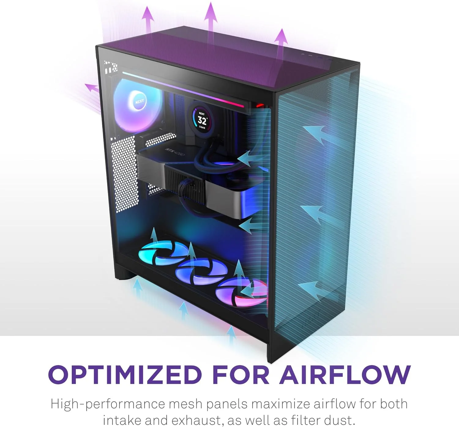 NZXT H7 Flow 2024 - Mid-تاور ATX Airflow جراب - Includes Pre-Installed 3 x 120mm Fans - Supports Bottom Fans for Dedicated GPU تبريد - Cable Management - أسود, 4 image