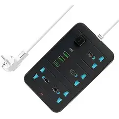 Extension Cord مع USB, 3 USB Outlets and 1 Type C | Independent Power Key, Max 1 Amp, Overload Protection and Child Safety, 2 Meter Power Cable (633, أسود)