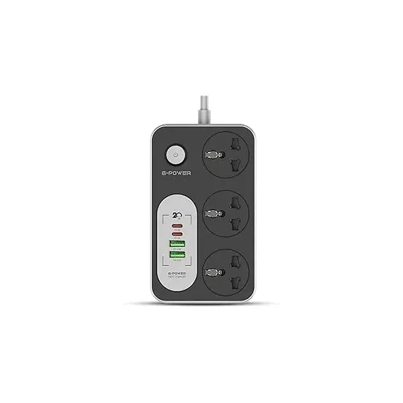 G-Power GP342 Power Strip Surge Protector Containing 220 Volt With Three Universal International Socket provides Two Type C Charging Ports 20 Watt - Black Grey