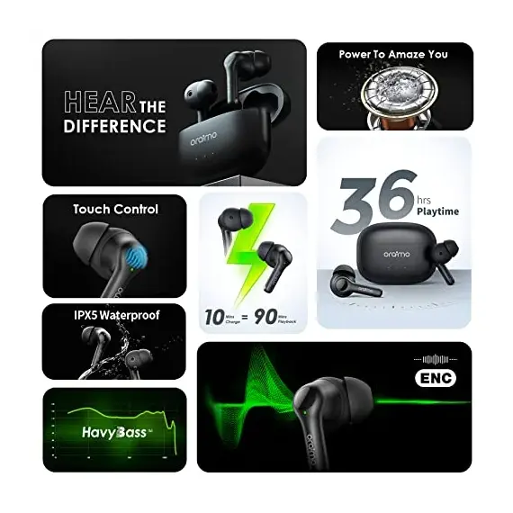 Oraimo FreePods 3C (OEB-E104DC), ENC Calling Noise Cancellation, powerful bass 4 mics, Long Playtime True Wireless Earbuds IPX5-Water Resistant, Via App – Black (1 Year Warranty), 5 image