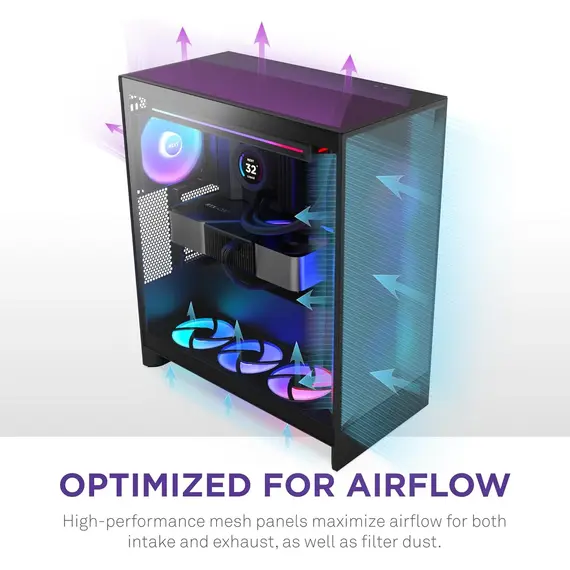 NZXT H7 Flow 2024 - Mid-تاور ATX Airflow جراب - Includes Pre-Installed 3 x 120mm Fans - Supports Bottom Fans for Dedicated GPU تبريد - Cable Management - أسود, 4 image